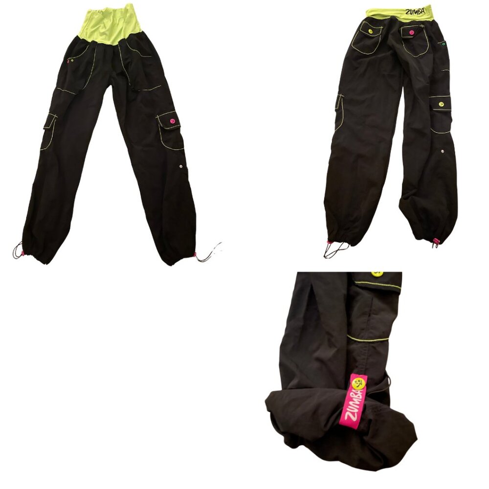 Vintage! Zumba Wear Black Cargo Pants with Neon Yellow Waistband | Size Medium